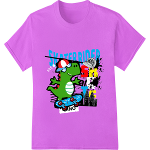 Skateboarding Dino: Edgy Urban Style DTF Print Transfer enhanced with professional digital printing