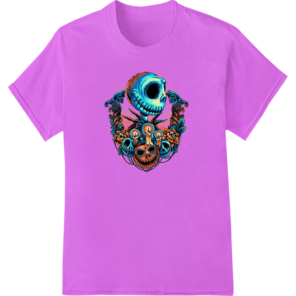 A vibrant turquoise skull design, perfect for Día de los Muertos celebrations as a DTF heat transfer for custom apparel.