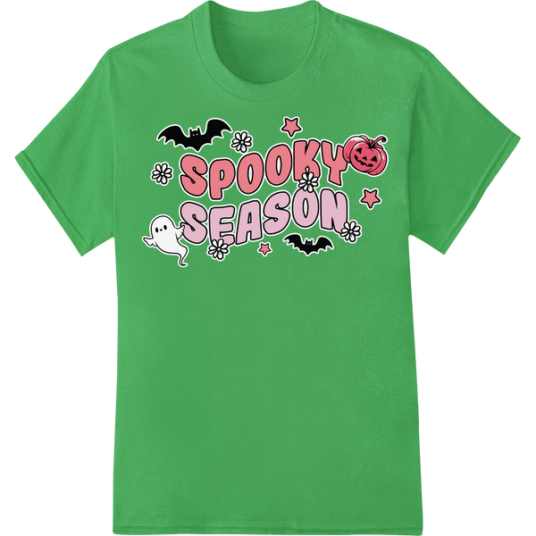 Spooky Season Halloween design with ghosts, pumpkins, and text in orange and black colors for DTF heat transfer printing