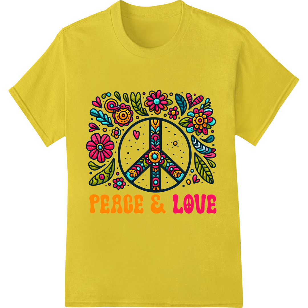 Groovy 'Peace & Love' Hippie Floral DTF Print Heat Transfer on yellow shirt - SUPERDTF-DTF Prints-DTF Transfers-Custom DTF Prints