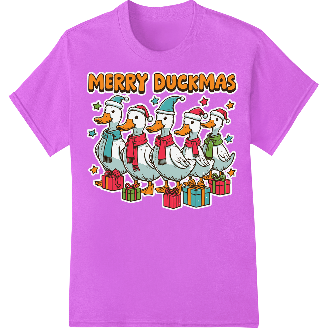 Adorable 'Merry Duckmas' Festive Duck Cartoon DTF Print on purple shirt - SUPERDTF-DTF Prints-DTF Transfers-Custom DTF Prints