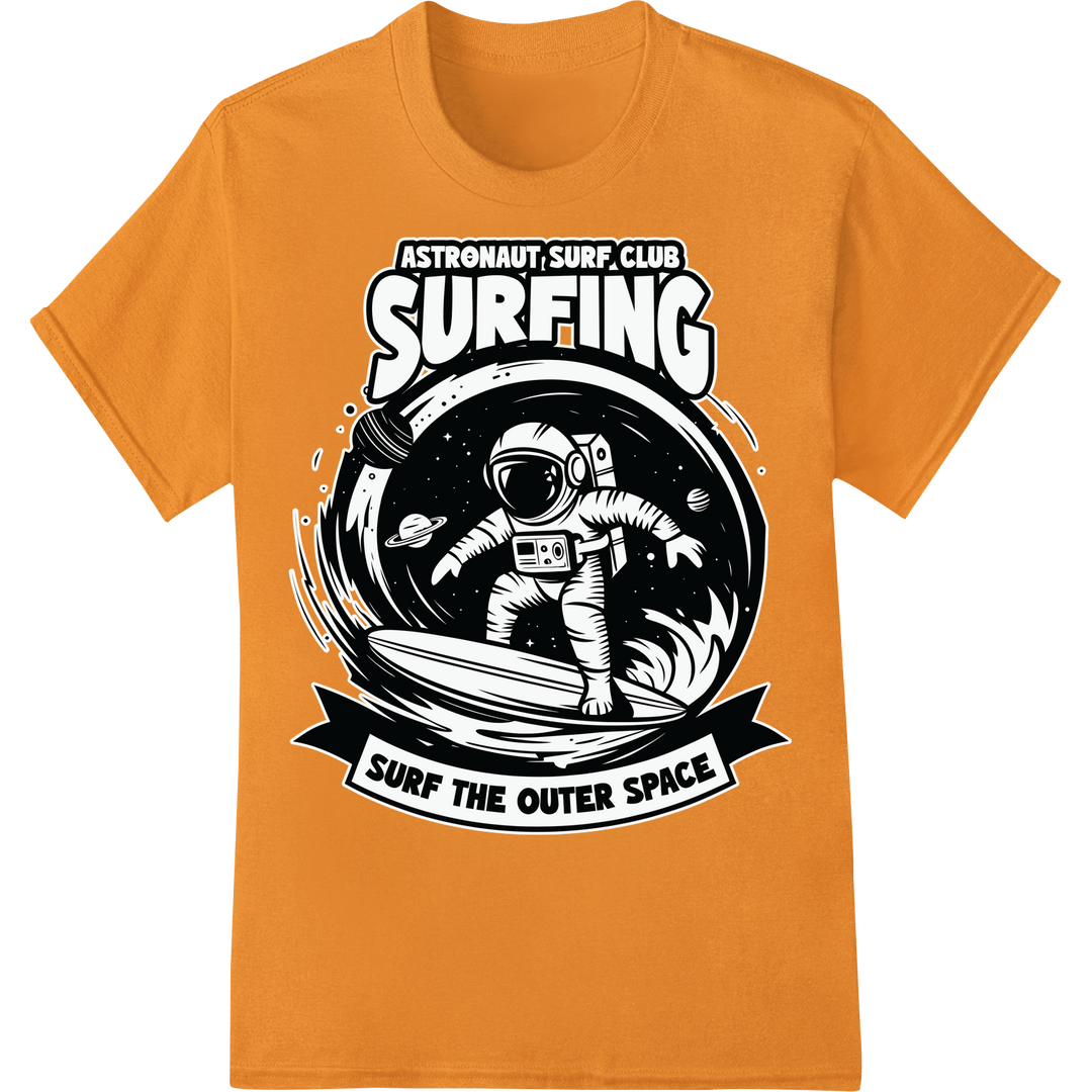 Cosmic Surfer: Astronaut DTF Heat Transfer Print on orange shirt - SUPERDTF-DTF Prints-DTF Transfers-Custom DTF Prints