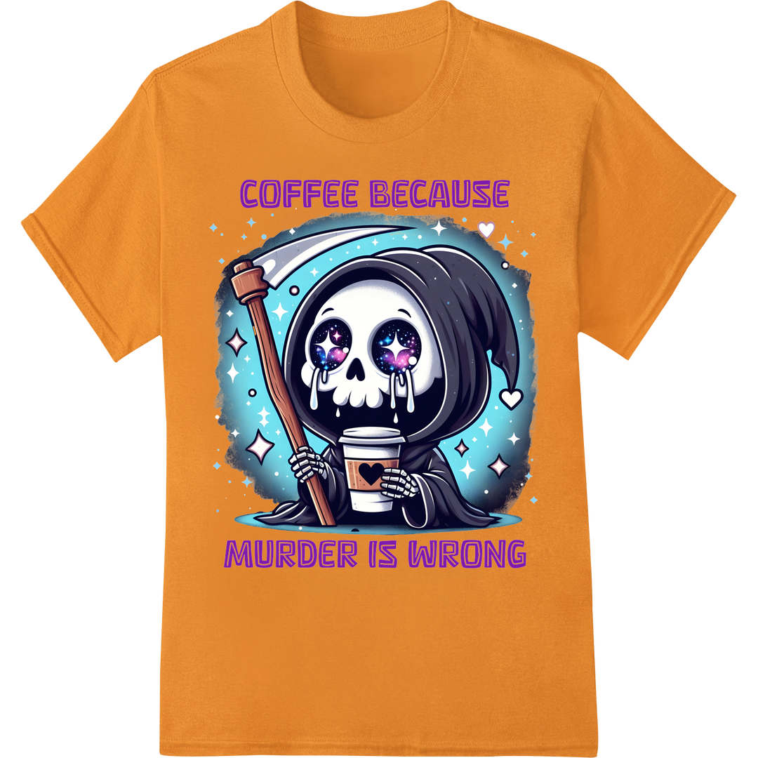 Killer Coffee Break: Humorous Grim Reaper Skeleton DTF Print on orange shirt - SUPERDTF-DTF Prints-DTF Transfers-Custom DTF Prints