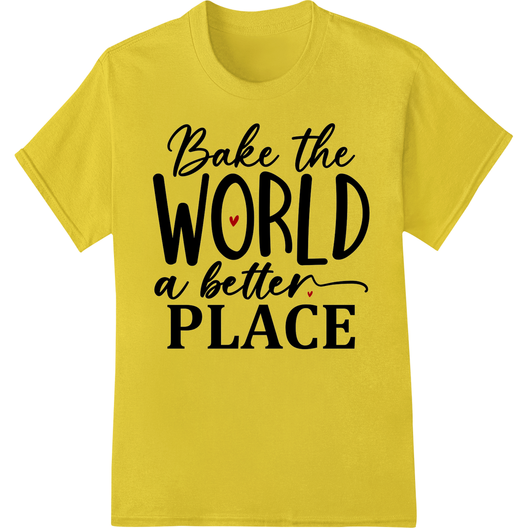 Bake a Better World: Inspiring DTF Transfer Quote Print on yellow shirt - SUPERDTF-DTF Prints-DTF Transfers-Custom DTF Prints