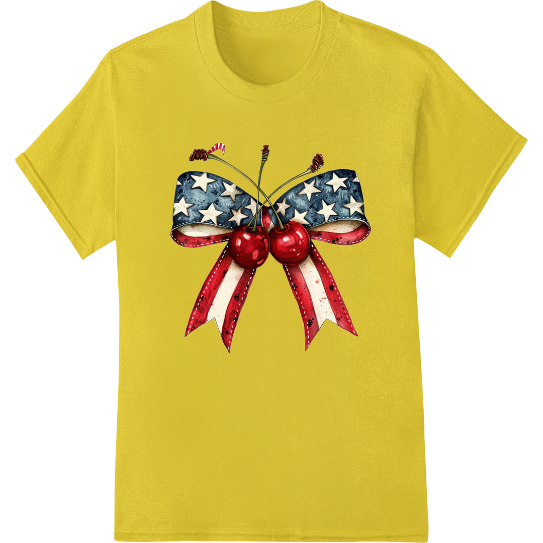 Patriotic Cherry Bow Heat Transfer | 4th of July DTF Print on yellow shirt - SUPERDTF-DTF Prints-DTF Transfers-Custom DTF Prints