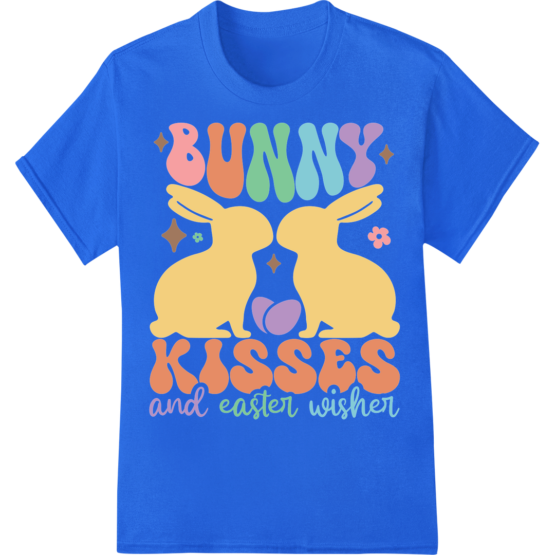 Retro Bunny Kisses: Vintage Easter Heat Transfer Design on blue shirt - SUPERDTF-DTF Prints-DTF Transfers-Custom DTF Prints