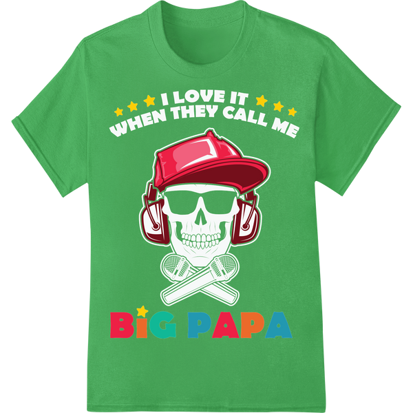 Bold 'BIG PAPA' Red Baseball Cap DTF Print Heat Transfer on green shirt - SUPERDTF-DTF Prints-DTF Transfers-Custom DTF Prints