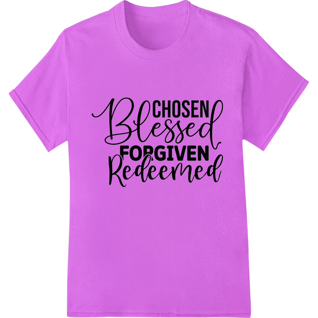 Chosen Blessed Forgiven Redeemed - Inspiring Easter DTF Print on purple shirt - SUPERDTF-DTF Prints-DTF Transfers-Custom DTF Prints