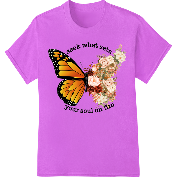 A vibrant DTF print featuring a colorful butterfly surrounded by floral designs, perfect for heat transfer on apparel.