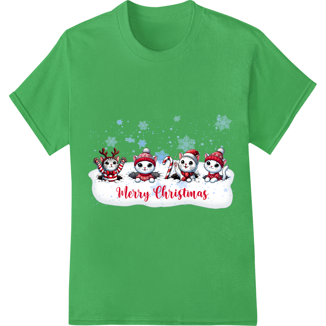 Adorable Christmas Cats Heat Transfer Print | Festive DTF on green shirt - SUPERDTF-DTF Prints-DTF Transfers-Custom DTF Prints