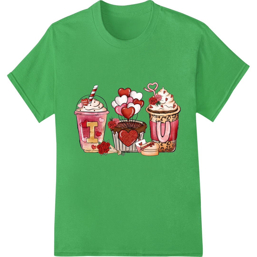 Sweet Valentine's Treats: Charming Coffee & Dessert DTF Print on green shirt - SUPERDTF-DTF Prints-DTF Transfers-Custom DTF Prints