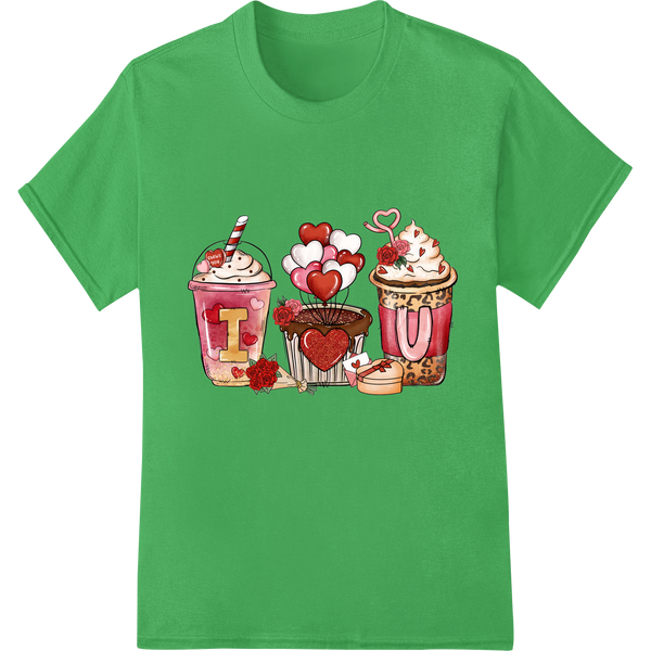 Sweet Valentine's Treats: Charming Coffee & Dessert DTF Print on green shirt - SUPERDTF-DTF Prints-DTF Transfers-Custom DTF Prints