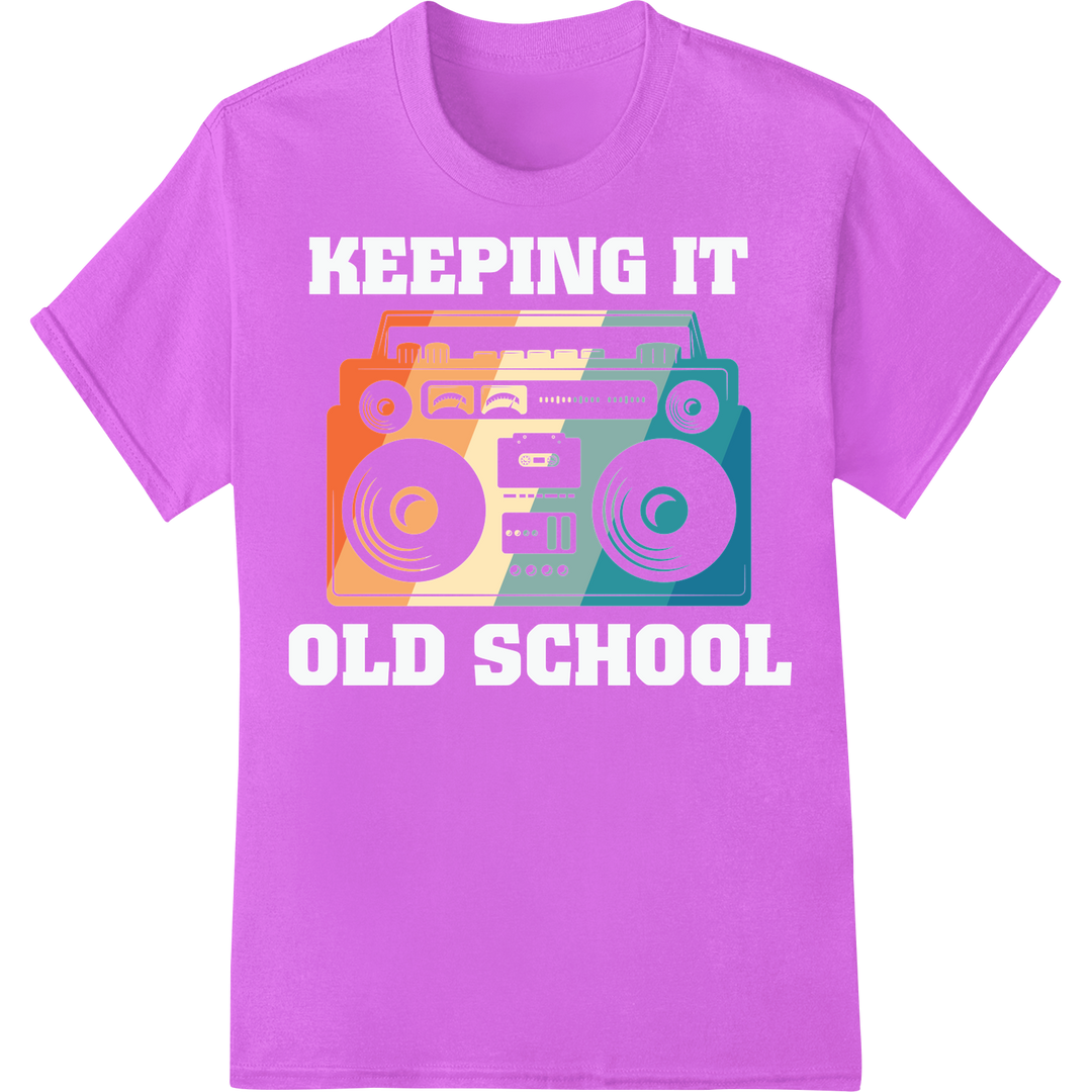 Retro 90s Boombox Graphic Teal Orange DTF Print Heat Transfer on purple shirt - SUPERDTF-DTF Prints-DTF Transfers-Custom DTF Prints