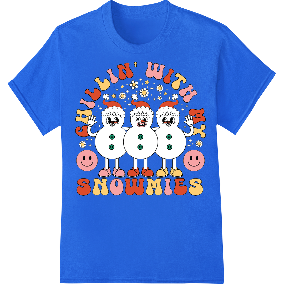 Adorable Snowmen Buddies - Festive DTF Christmas Transfer on blue shirt - SUPERDTF-DTF Prints-DTF Transfers-Custom DTF Prints