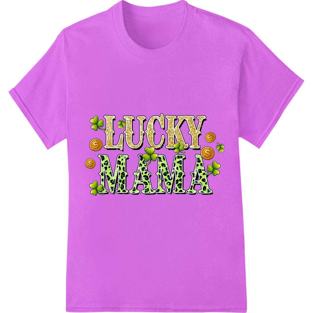 Vibrant 'LUCKY MAMA' St. Patrick's Day DTF Heat Transfer Print on purple shirt - SUPERDTF-DTF Prints-DTF Transfers-Custom DTF Prints