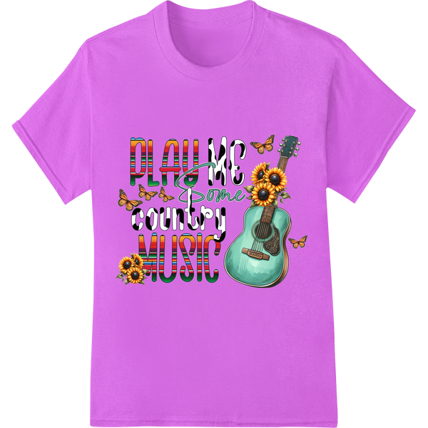 Country Music Vibes: Teal Guitar DTF Print Heat Transfer on purple shirt - SUPERDTF-DTF Prints-DTF Transfers-Custom DTF Prints