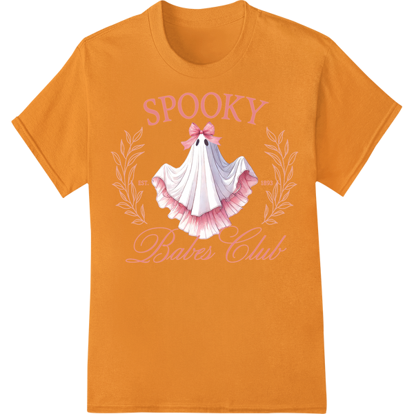 A cute cartoon ghost character with a pink bow, part of the 'Spooky Babes Club' design for DTF heat transfer printing.