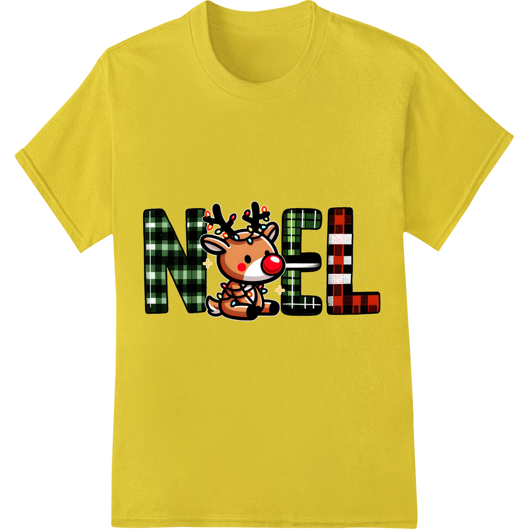 Festive Reindeer Plaid 'NOEL' Christmas DTF Print Transfer on yellow shirt - SUPERDTF-DTF Prints-DTF Transfers-Custom DTF Prints