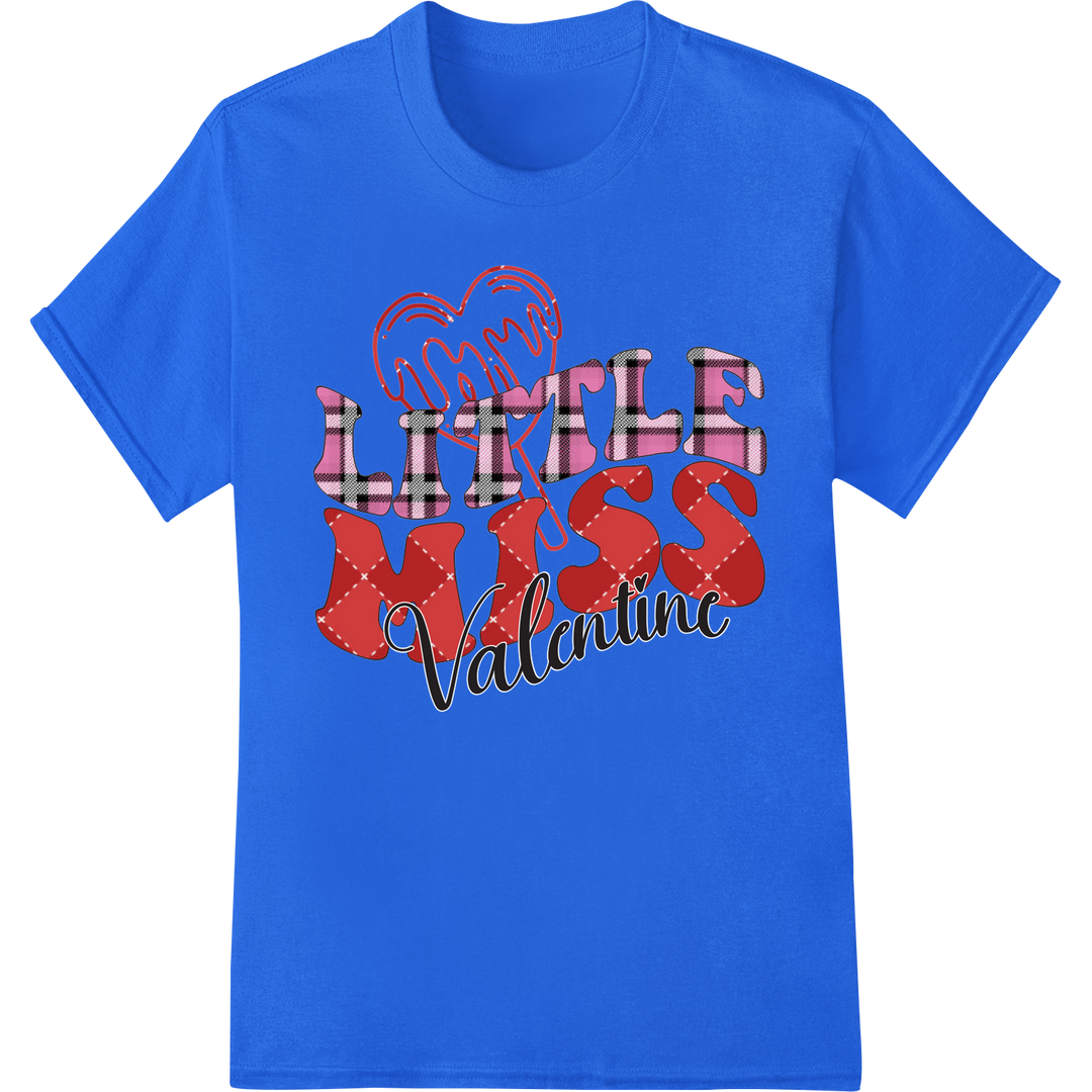 Adorable 'Little Miss Valentine' Plaid Hearts DTF Print on blue shirt - SUPERDTF-DTF Prints-DTF Transfers-Custom DTF Prints