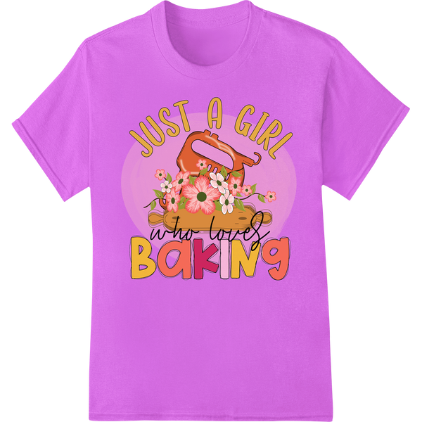 Whimsical 'Just a Girl Who Loves Baking' DTF Print Transfer on purple shirt - SUPERDTF-DTF Prints-DTF Transfers-Custom DTF Prints