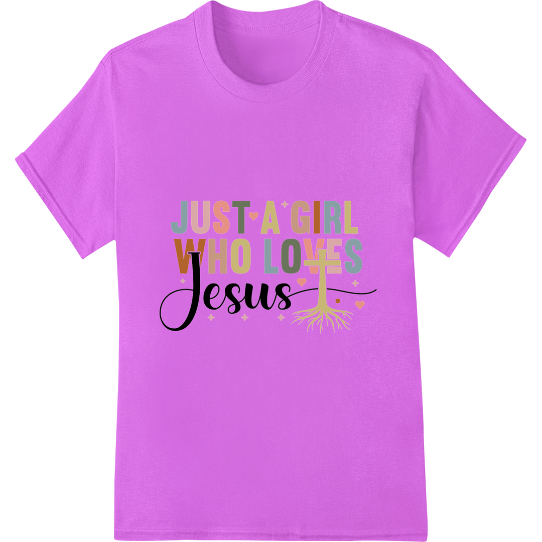 Just a Girl Who Loves Jesus | Faith-Inspired DTF Print on purple shirt - SUPERDTF-DTF Prints-DTF Transfers-Custom DTF Prints