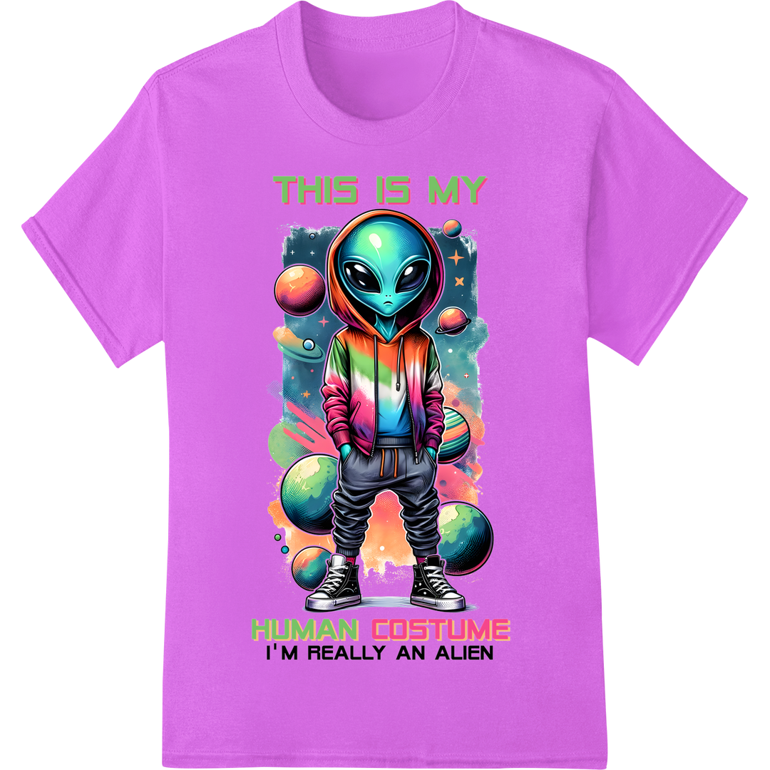 Alien in Human Costume DTF Print Heat Transfer | Halloween on purple shirt - SUPERDTF-DTF Prints-DTF Transfers-Custom DTF Prints