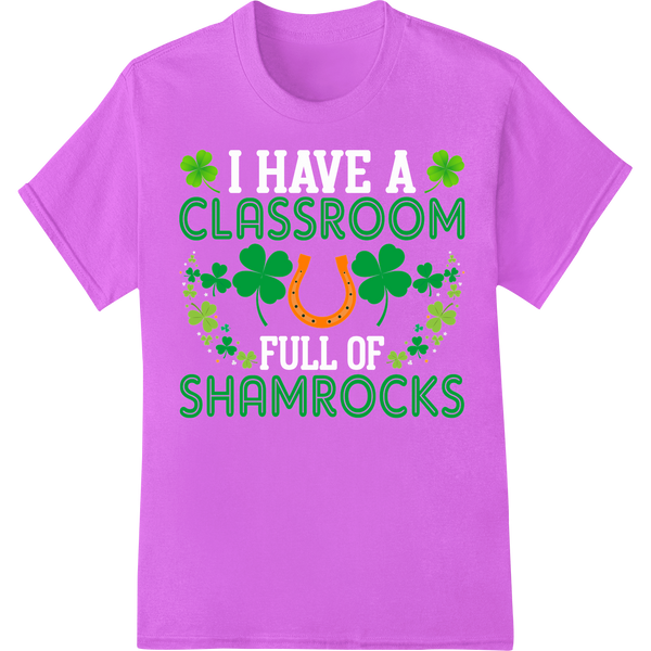 Festive 'CLASSROOM SHAMROCKS' St. Patrick's Day DTF Print on purple shirt - SUPERDTF-DTF Prints-DTF Transfers-Custom DTF Prints