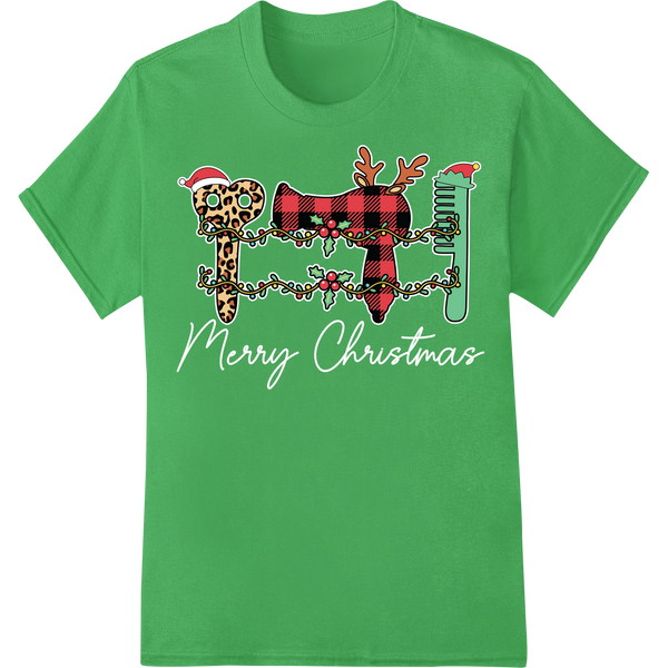 Festive Reindeer Hair Stylist Christmas DTF Print Transfer on green shirt - SUPERDTF-DTF Prints-DTF Transfers-Custom DTF Prints