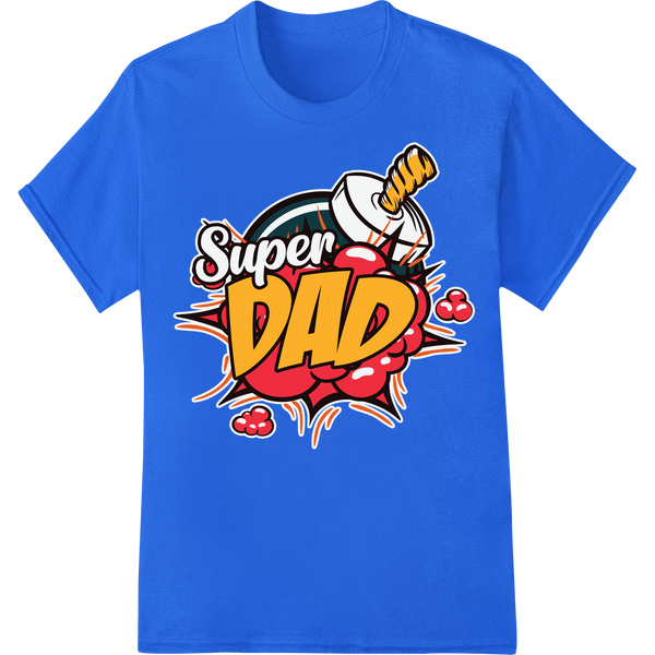 Super Dad: Bold Comic Book DTF Heat Transfer for Father's Day on blue shirt - SUPERDTF-DTF Prints-DTF Transfers-Custom DTF Prints