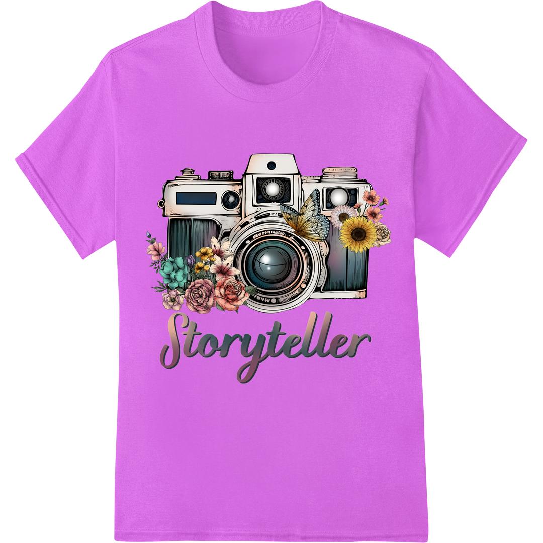 Vintage Storyteller: Floral Camera DTF Print Heat Transfer on purple shirt - SUPERDTF-DTF Prints-DTF Transfers-Custom DTF Prints