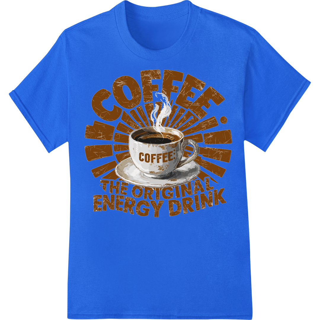 Energize Your Look: Coffee - The ORIGINAL Energy Drink on blue shirt - SUPERDTF-DTF Prints-DTF Transfers-Custom DTF Prints