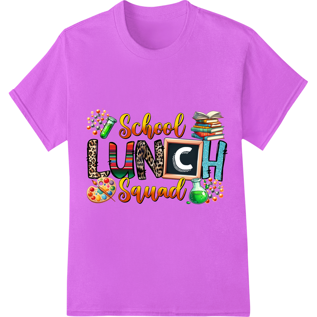 School Lunch Squad: Fun & Colorful DTF Print Heat Transfer on purple shirt - SUPERDTF-DTF Prints-DTF Transfers-Custom DTF Prints