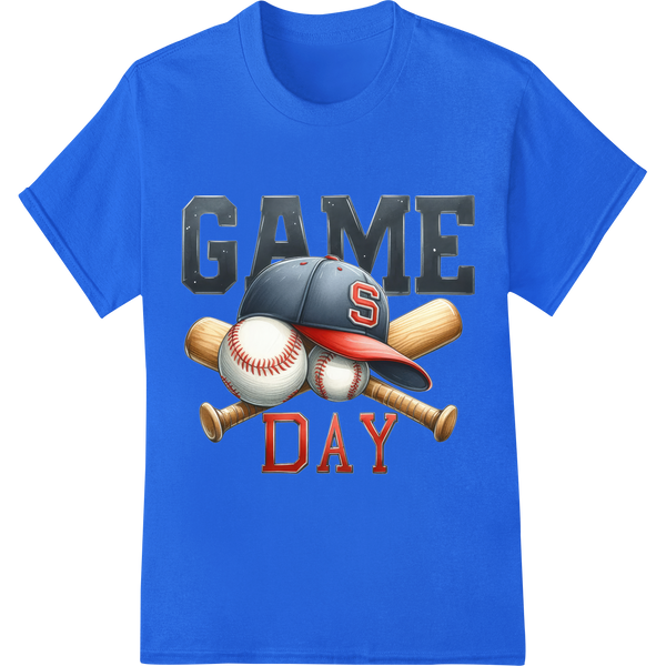 Batter Up! Bold "GAME DAY" Baseball DTF Print Heat Transfer on blue shirt - SUPERDTF-DTF Prints-DTF Transfers-Custom DTF Prints