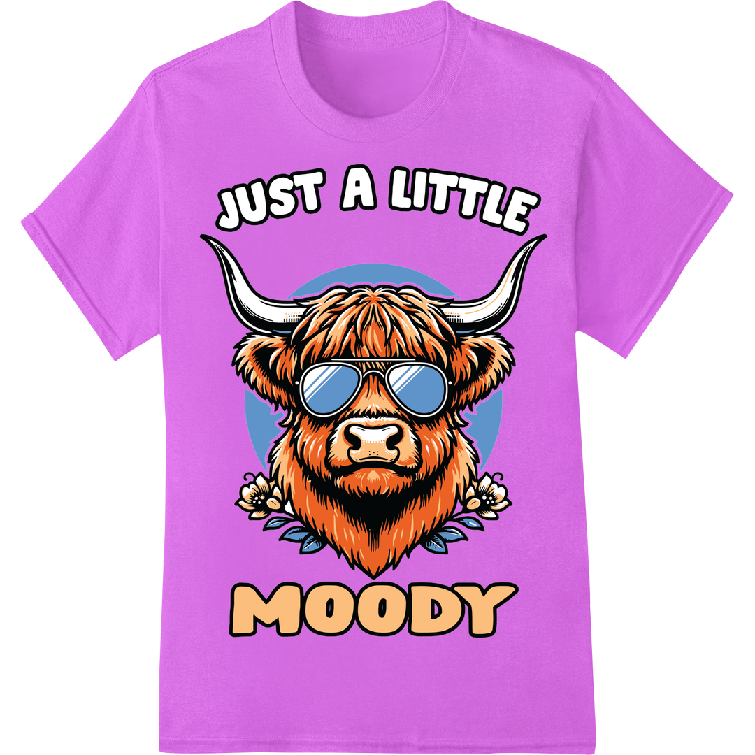 Just a Little Moody Highland Cow in Shades DTF Print on purple shirt - SUPERDTF-DTF Prints-DTF Transfers-Custom DTF Prints