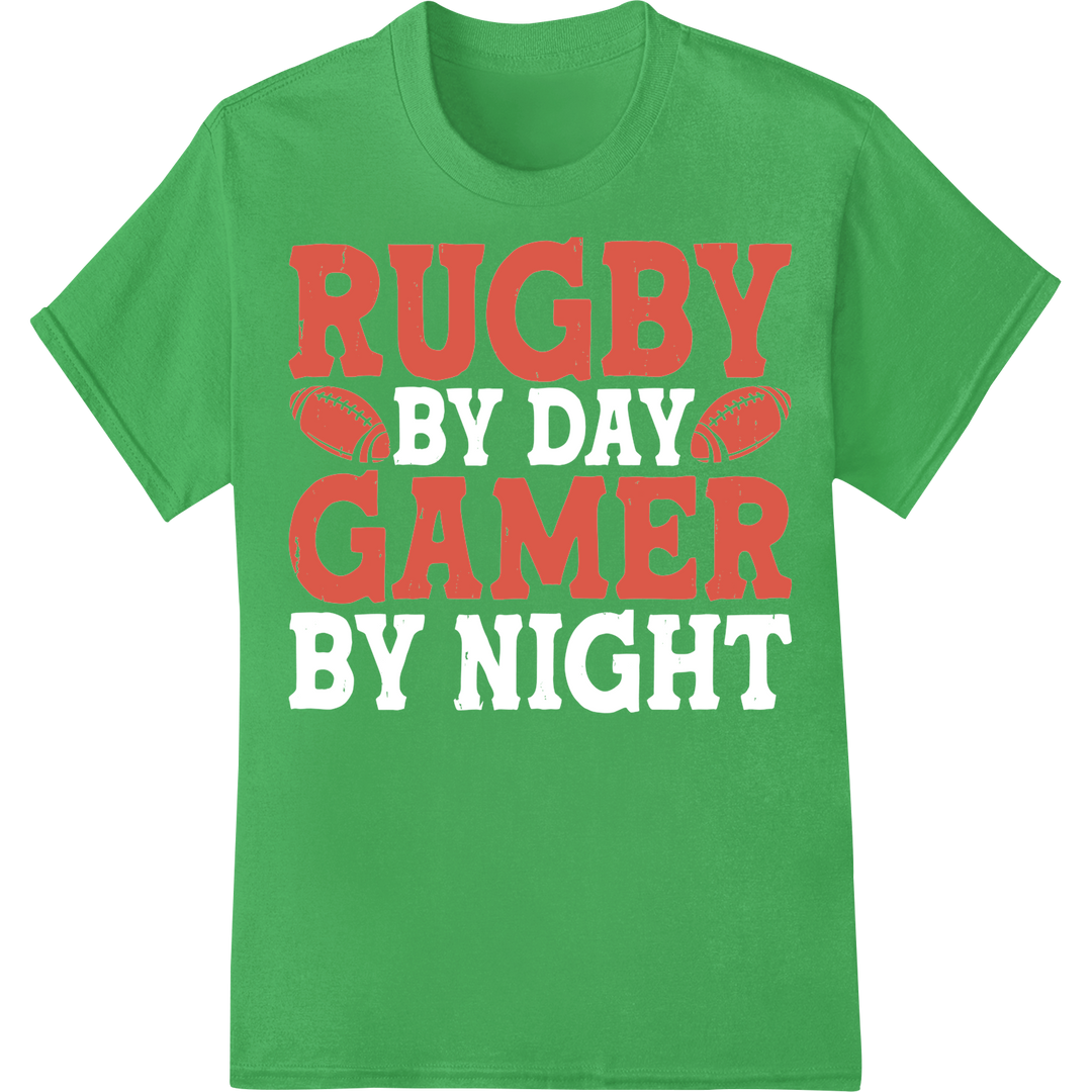 Tackle Style with Bold 'RUGBY GAMER' DTF Print Heat Transfer on green shirt - SUPERDTF-DTF Prints-DTF Transfers-Custom DTF Prints