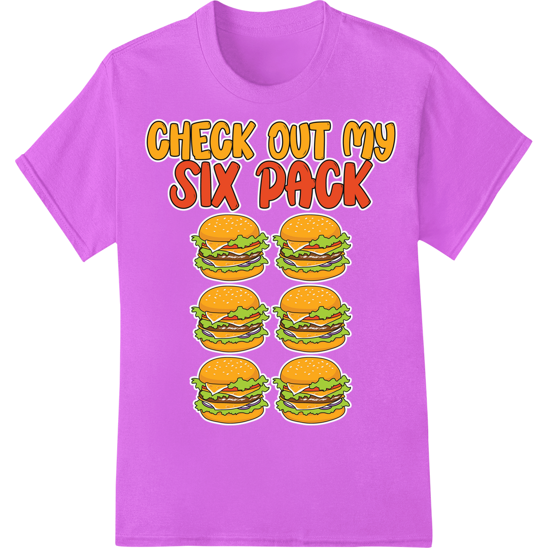 Flex Your Burger Humor with This Witty "Six Pack" DTF Print on purple shirt - SUPERDTF-DTF Prints-DTF Transfers-Custom DTF Prints