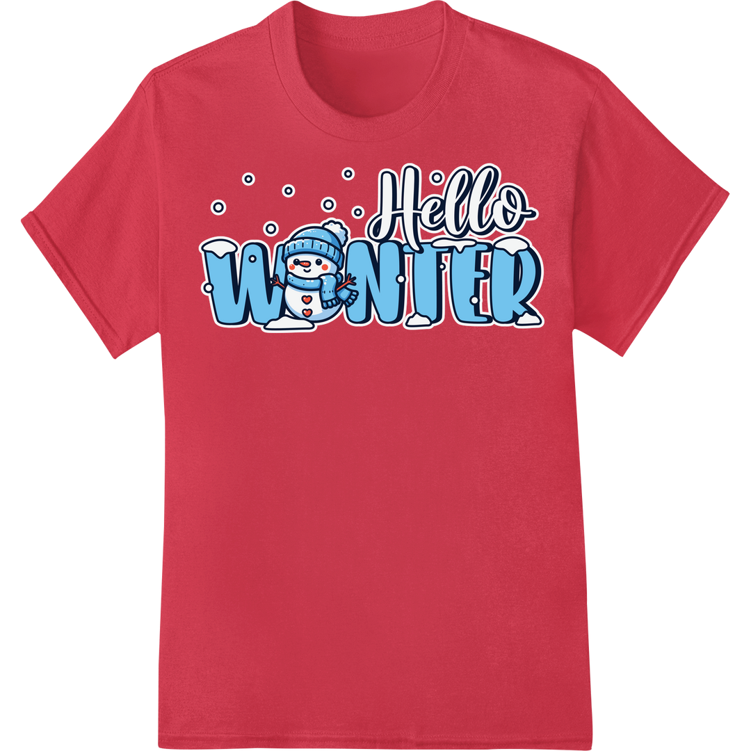 Adorable Snowman Says 'Hello Winter' | DTF Print Transfer on red shirt - SUPERDTF-DTF Prints-DTF Transfers-Custom DTF Prints