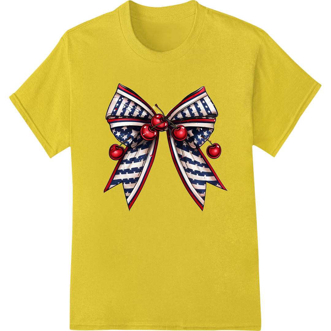 Patriotic Striped Bow with Ornaments - July 4th DTF Print on yellow shirt - SUPERDTF-DTF Prints-DTF Transfers-Custom DTF Prints