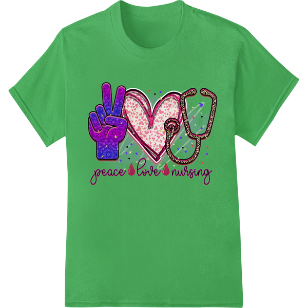 Bright pink heart with 'Peace Love Nursing' text surrounded by medical icons like stethoscope and bandages on colorful...