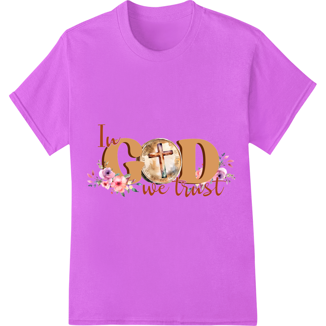 Inspire Faith with "In God We Trust" Christian DTF Print on purple shirt - SUPERDTF-DTF Prints-DTF Transfers-Custom DTF Prints