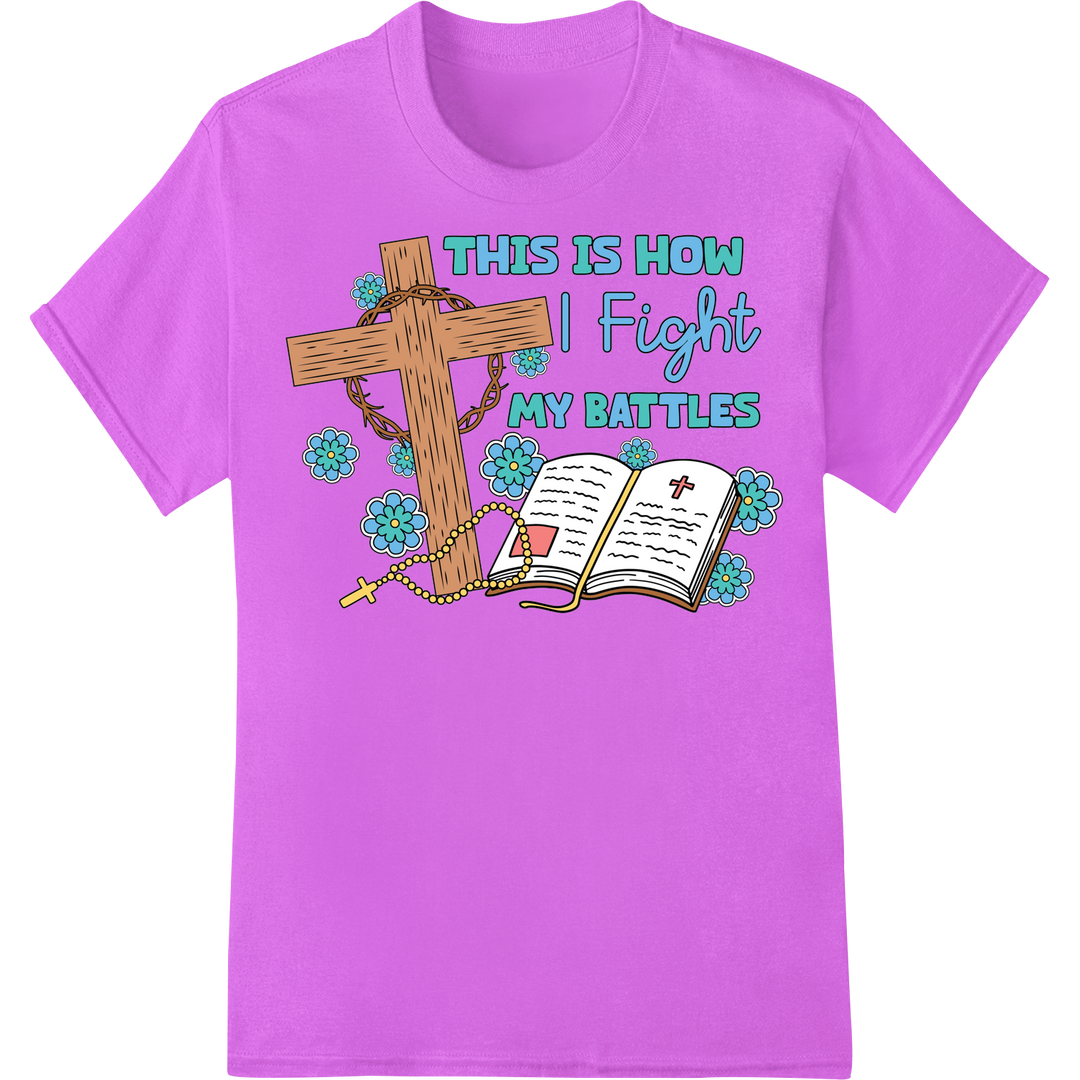 Rustic Cross DTF Print Heat Transfer - Fight Battles with Faith on purple shirt - SUPERDTF-DTF Prints-DTF Transfers-Custom DTF Prints