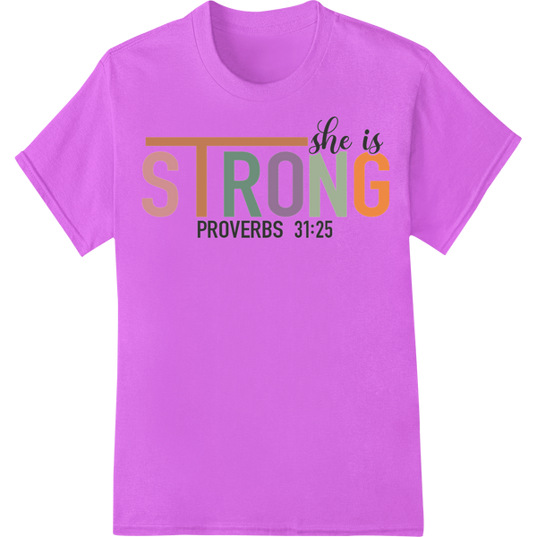 She is Strong: Proverbs 31 Inspirational Heat Transfer on purple shirt - SUPERDTF-DTF Prints-DTF Transfers-Custom DTF Prints