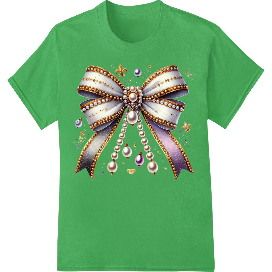 Festive Mardi Gras Bow DTF Print | Ornate Design Heat Transfer on green shirt - SUPERDTF-DTF Prints-DTF Transfers-Custom DTF Prints