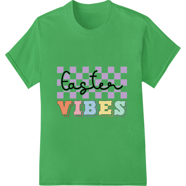 Retro Easter Vibes: Colorful Checkered DTF Print Transfer on green shirt - SUPERDTF-DTF Prints-DTF Transfers-Custom DTF Prints