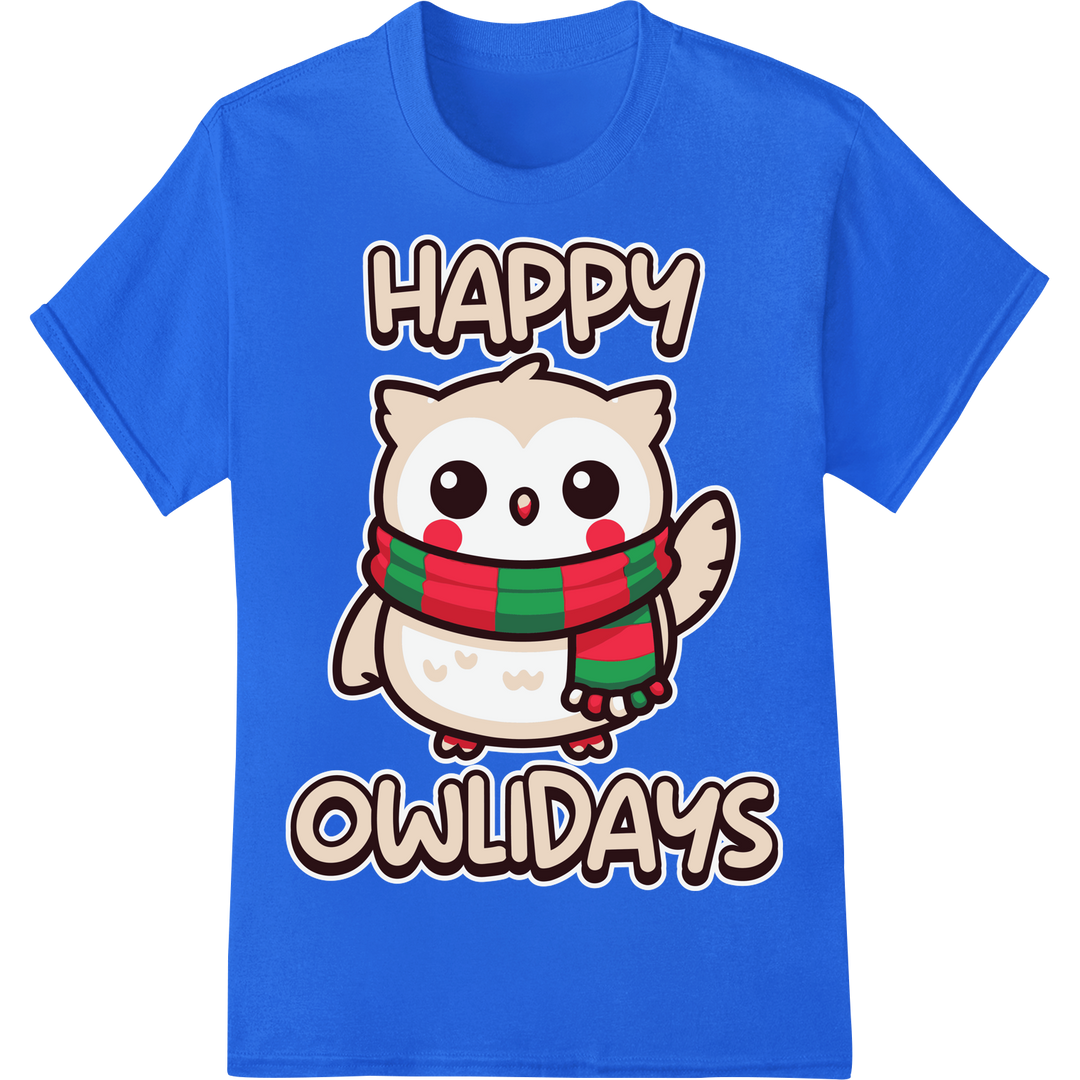 Adorable Owl Wishes You 'Happy Owlidays' This Christmas on blue shirt - SUPERDTF-DTF Prints-DTF Transfers-Custom DTF Prints