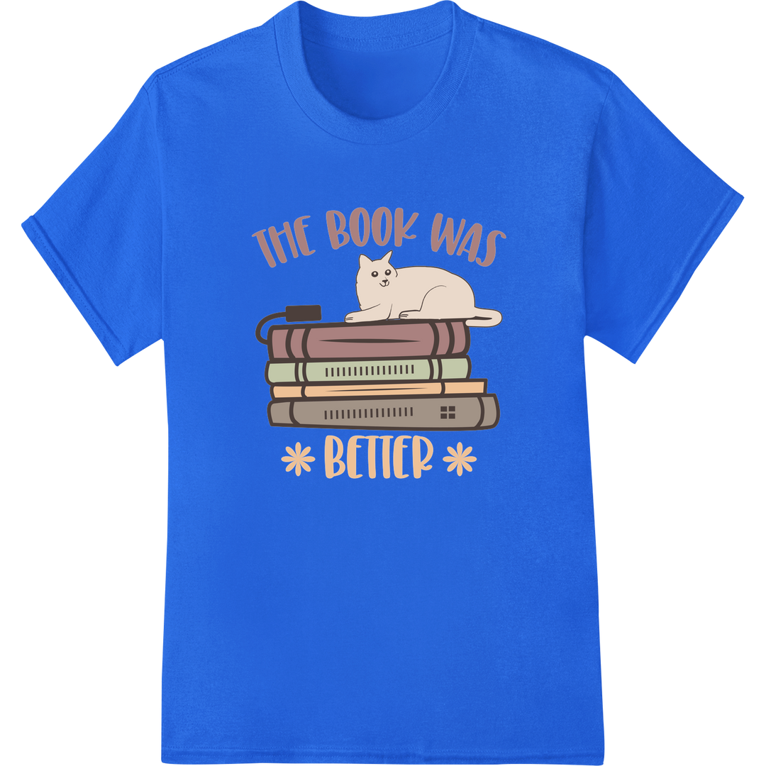 Cozy Cat & Books DTF Print: Perfect for Book Lovers! on blue shirt - SUPERDTF-DTF Prints-DTF Transfers-Custom DTF Prints