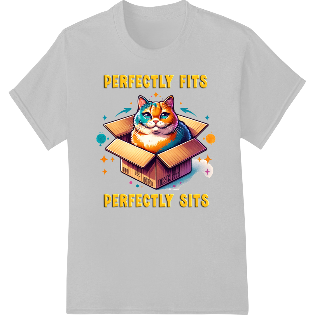 Purrfectly Fits, Purrfectly Sits | Funny Cat Box Pun Design on white shirt - SUPERDTF-DTF Prints-DTF Transfers-Custom DTF Prints