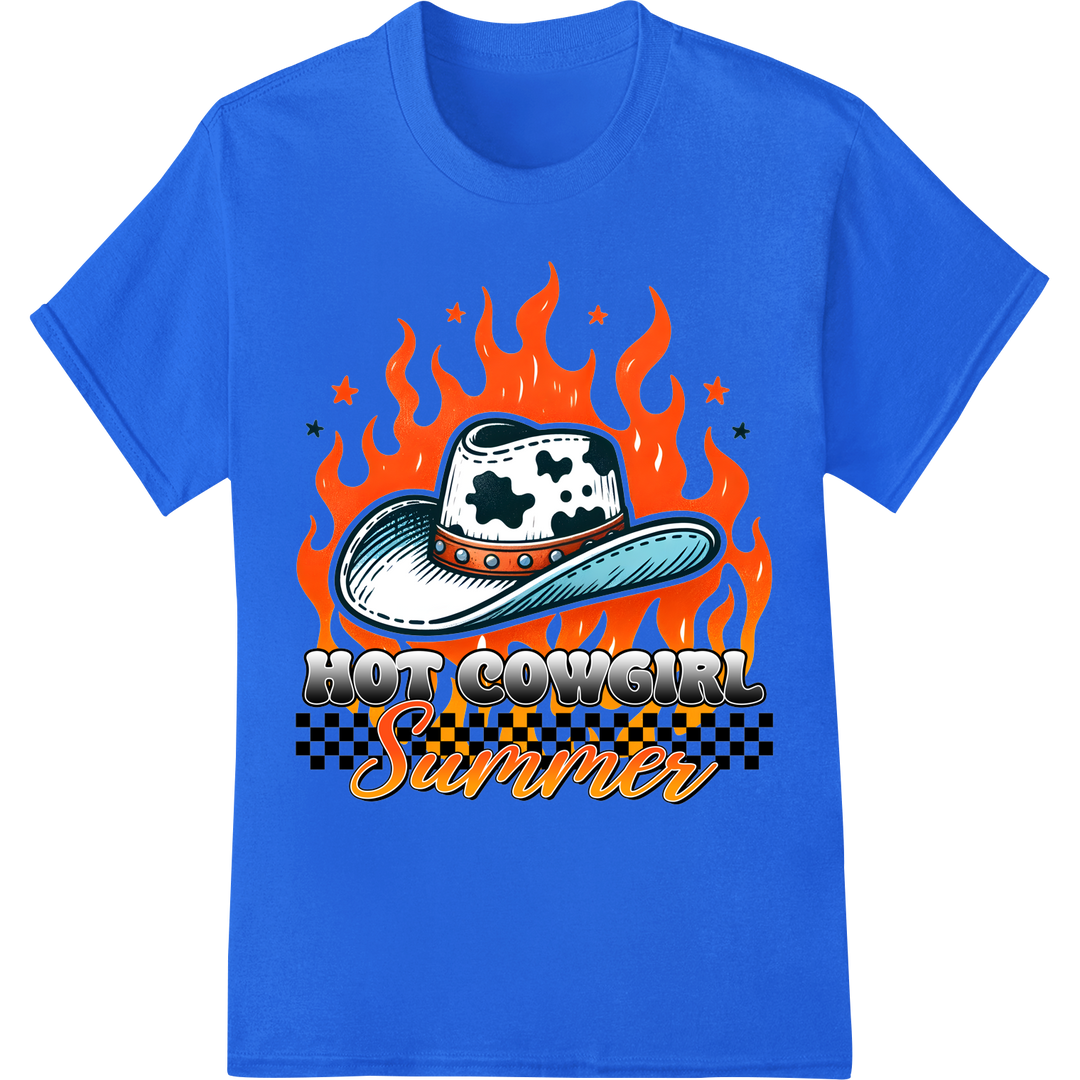 Hot Cowgirl Summer: Fiery Western Style DTF Print Transfer on blue shirt - SUPERDTF-DTF Prints-DTF Transfers-Custom DTF Prints