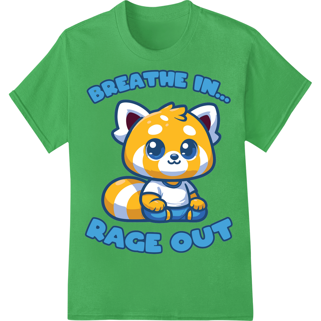 Adorable Red Panda Yoga DTF Print: Breathe In, Rage Out on green shirt - SUPERDTF-DTF Prints-DTF Transfers-Custom DTF Prints