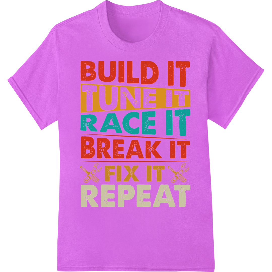 Retro Gearhead DTF Print: Build It, Race It, Fix It, Repeat on purple shirt - SUPERDTF-DTF Prints-DTF Transfers-Custom DTF Prints